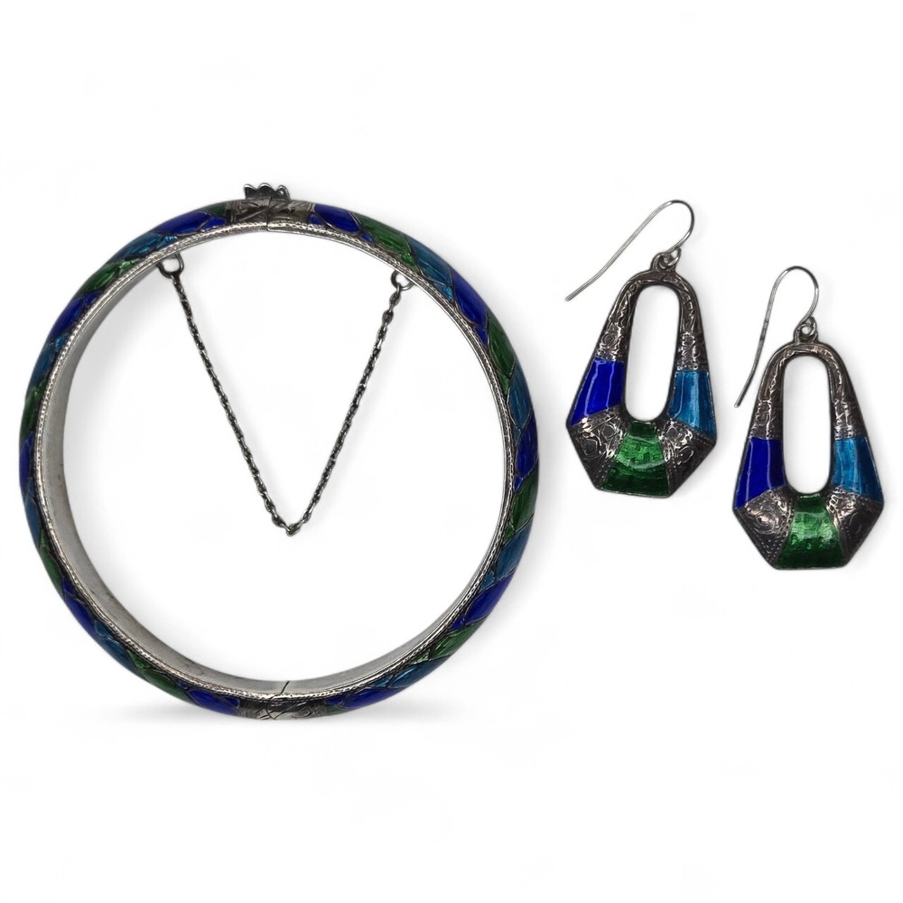 Vintage Sterling Silver 925 Enamel Blue Green Hinged Bangle Bracelet Earring Set - Picture 3 of 13